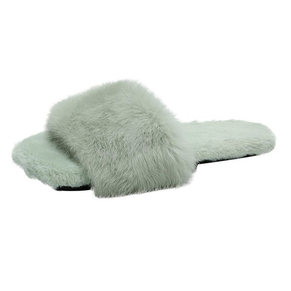 2020 Winter Fashion Women Slippers Faux Fur Solid Color Slip-on Warm Slippers Comfortable Flats Female Slides Casual Home Shoes - Poshein