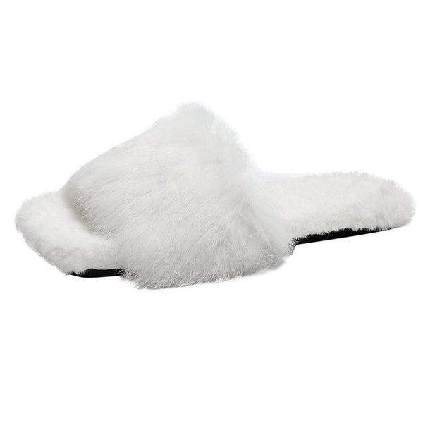 2020 Winter Fashion Women Slippers Faux Fur Solid Color Slip-on Warm Slippers Comfortable Flats Female Slides Casual Home Shoes - Poshein