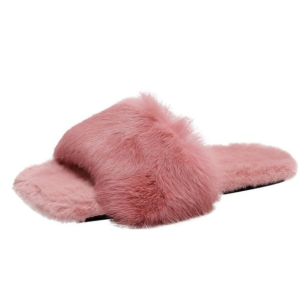 2020 Winter Fashion Women Slippers Faux Fur Solid Color Slip-on Warm Slippers Comfortable Flats Female Slides Casual Home Shoes - Poshein