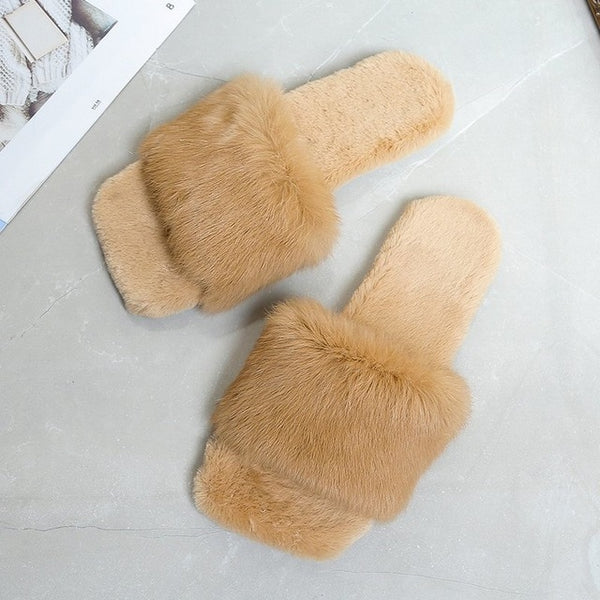 2020 Winter Fashion Women Slippers Faux Fur Solid Color Slip-on Warm Slippers Comfortable Flats Female Slides Casual Home Shoes - Poshein