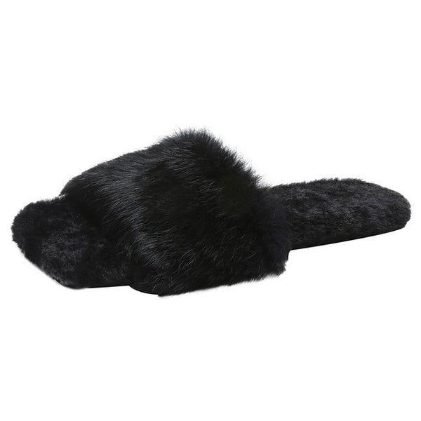 2020 Winter Fashion Women Slippers Faux Fur Solid Color Slip-on Warm Slippers Comfortable Flats Female Slides Casual Home Shoes - Poshein
