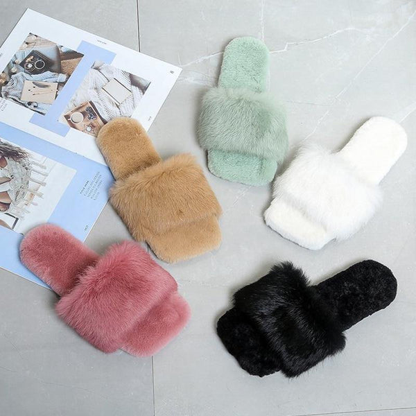 2020 Winter Fashion Women Slippers Faux Fur Solid Color Slip-on Warm Slippers Comfortable Flats Female Slides Casual Home Shoes - Poshein
