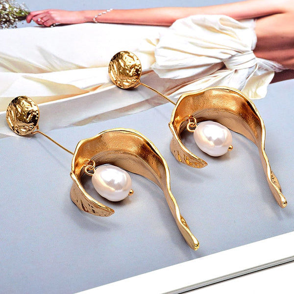 Pearl Gold Metal Long Earrings