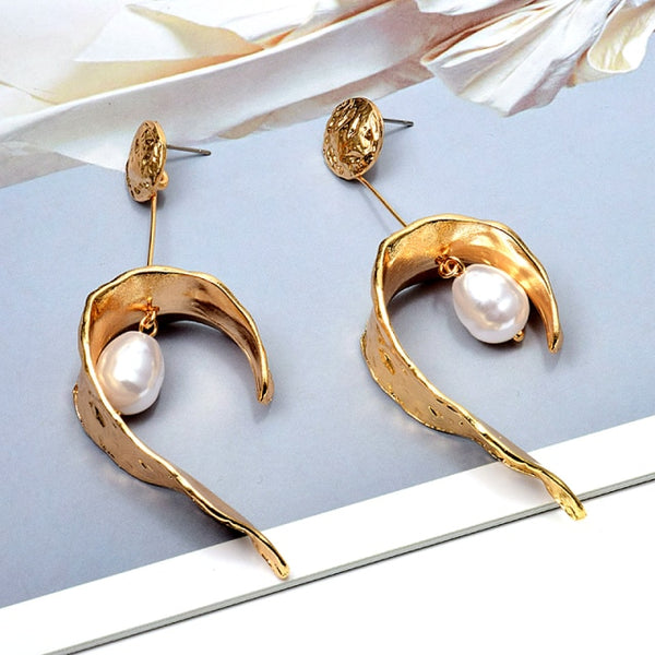 Pearl Gold Metal Long Earrings