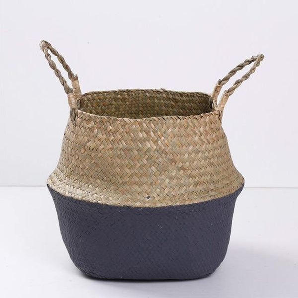 Handmade Bamboo Storage Baskets Foldable Laundry Straw Patchwork Wicker Rattan Seagrass Belly Garden Flower Pot Planter Basket - Poshein