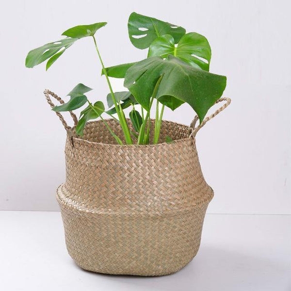 Handmade Bamboo Storage Baskets Foldable Laundry Straw Patchwork Wicker Rattan Seagrass Belly Garden Flower Pot Planter Basket - Poshein