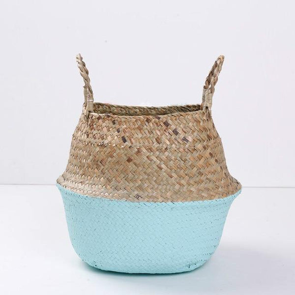Handmade Bamboo Storage Baskets Foldable Laundry Straw Patchwork Wicker Rattan Seagrass Belly Garden Flower Pot Planter Basket - Poshein