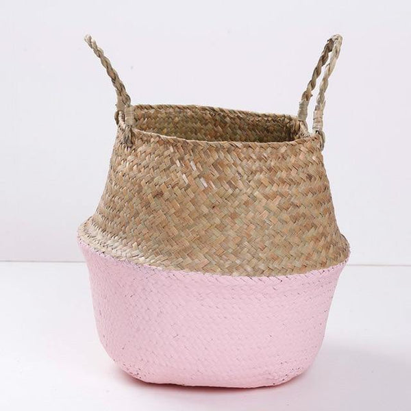 Handmade Bamboo Storage Baskets Foldable Laundry Straw Patchwork Wicker Rattan Seagrass Belly Garden Flower Pot Planter Basket - Poshein