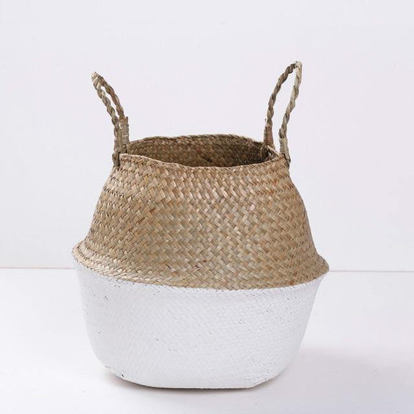 Handmade Bamboo Storage Baskets Foldable Laundry Straw Patchwork Wicker Rattan Seagrass Belly Garden Flower Pot Planter Basket - Poshein