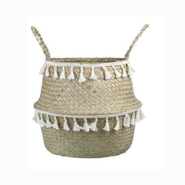 Handmade Bamboo Storage Baskets Foldable Laundry Straw Patchwork Wicker Rattan Seagrass Belly Garden Flower Pot Planter Basket - Poshein